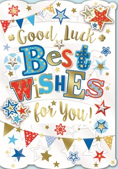 Good Luck Greetings Card - Red Blue & Gold Stars Bunting & Gold Foil 7.5 x 5.25" Good Luck Greetings Card - Red Blue & Gold Stars Bunting & Gold Foil 7.5 x 5.25"
