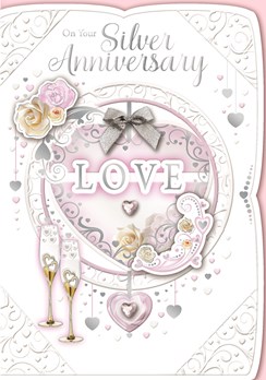 Silver 25th Wedding Anniversary Card - Champagne Flutes Flowers & Foil 7.5x5.25"
