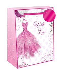 Medium Gift Bag - Pink Dress with Flower Border and Pink Foil Gift Tag 10x8.5"
