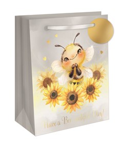 Medium Gift Bag - Bee with Sunflowers and Gold Foil Hearts Writing & Tag 10x8.5"