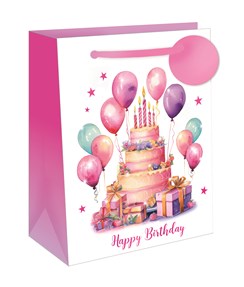 Medium Happy Birthday Gift Bag - Cake with Pink Lilac Balloons Foil Tag 10x8.5" Medium Happy Birthday Gift Bag - Cake with Pink Lilac Balloons Foil Tag 10x8.5"
