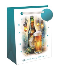 Medium Gift Bag - Birthday Cheers Pint and Bottle of Beer Blue Foil Tag 10x8.5"