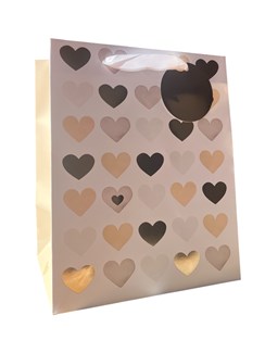 Medium Gift Bag - White with Silver Gold Hearts and Gold Foil Tag 10.5x8.5"