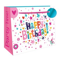 Medium Birthday Gift Bag - Landscape Pink Multicoloured Writing Foil Tag 10x8.5"