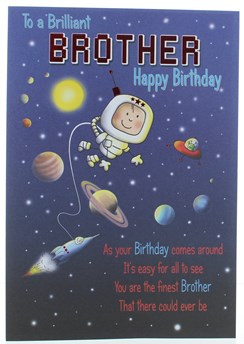 Brother Birthday Card - Boy in Space with Rocket Planets & Red Foil 9" x 6.5"