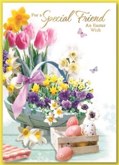 Friend Easter Card - Spring Flowers in Basket Decorated Eggs Gold Foil 7.5x5.25"