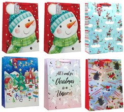 Set of 6 Extra Large Christmas Gift Bags with Rope Handle & Tag Mix Cute Designs