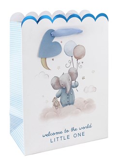 Extra Large Birth Of Baby Boy Gift Bag - Elephant on Cloud with Blue Foil 18x13"