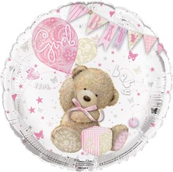 Round 18" Baby Girl Foil Helium Balloon (Not Inflated) - Bear, Balloon & Bunting