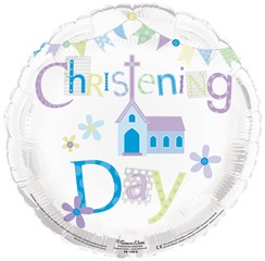 Round 18" Christening Foil Helium Balloon (Not Inflated) - Blue Church & Bunting