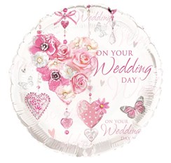 Round 18" Wedding Day Foil Helium Balloon (Not Inflated) - Pink Hearts & Roses