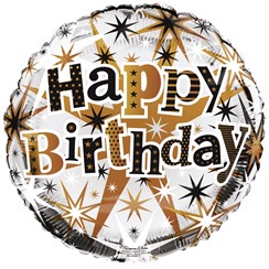Round 18" Happy Birthday Foil Helium Balloon (Not Inflated) - Black & Gold Stars