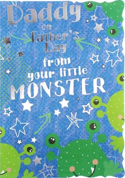 Daddy Father's Day Greetings Card - Green Monsters & Silver Stars 7.75" x 5.25"