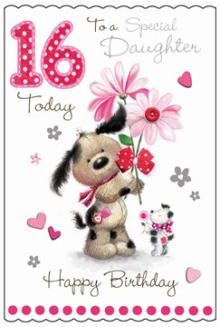 Jonny Javelin Daughter 16th Birthday Card - Dog with Flowers Glitter & Foil 9x6"