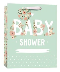Large Baby Shower Gift Bag - Green with Flowers and White Writing 13x10.25"