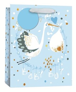 Large Birth Baby Boy Gift Bag Tag - Blue with White Stork and Gold Foil 13x10.25