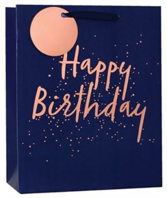 Large Male Gift Bag - Navy Blue with Copper Foil Happy Birthday & Tag 13x10.5"