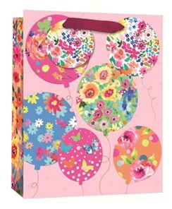 Large Floral Gift Bag Pink with Flowers and Butterflies in Balloons 13x10.5"