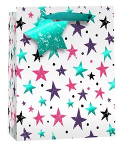 Large Gift Bag White with Green Blue and Pink Stars and Foil Tag 13x10.5"