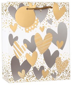 Large Gift Bag - White with Silver Gold Hearts Gold Foil Tag 13x10.25" Large Gift Bag - White with Silver Gold Hearts Gold Foil Tag 13x10.25"