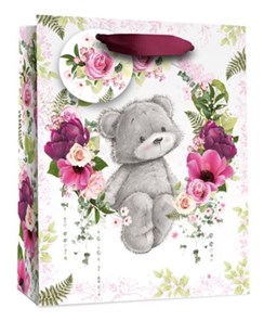 Medium Female Gift Bag - Grey Bear with Butterflies & Flowers 10"x8.5"