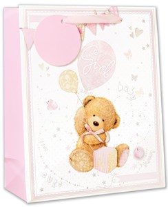 Medium Birth of Baby Girl Gift Bag - Pink with Brown Bear Silver Foil 10x8.5"