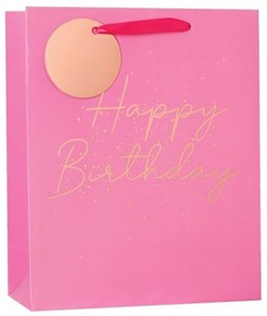 Medium Birthday Gift Bag - Pink with Rose Gold Foil Happy Birthday & Tag 10x8.5"