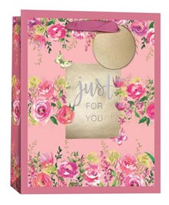 Medium Floral Gift Bag - Pink with Roses and Flowers and Gold Foil Finish 10x8"