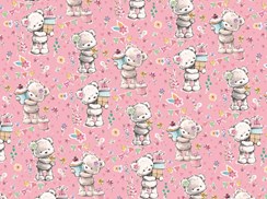 Cute Wrapping Paper - 1 Sheet & Matching Tag - Grey Bear with Cupcake Flowers