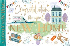 New Home Greetings Card - Green House and Removal Van with Gold Foil 7.5x5.25"