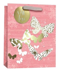 Large Floral Gift Bag Pink with White and Gold Butterflies Foil Finish 13x10.5"