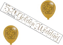 Golden 50th Wedding Anniversary Party Pack - 50th Anniversary Banner & Balloons