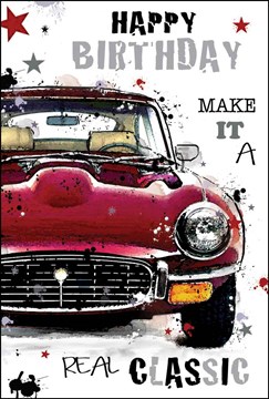 Jonny Javelin Open Male Birthday Card - Red Classic Car Silver Foil 7.25x5.5"
