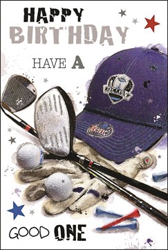 Jonny Javelin Open Male Birthday Card - Golf Club Cap & Silver Foil 7.75"x5.5"