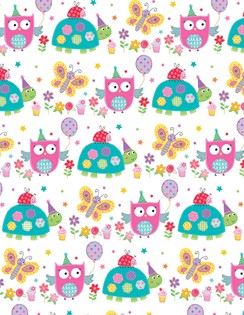 Girls Owl, Tortoise, Butterfly Wrapping Paper - 1 Sheet & 1 Matching Gift Tag