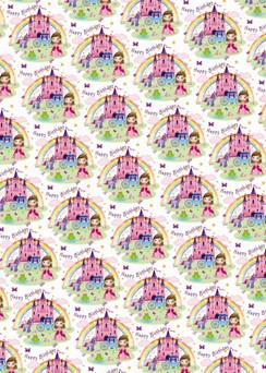 Fairy Princess Rainbow Castle Birthday Wrapping Paper - 1 Sheet & 1 Matching Tag