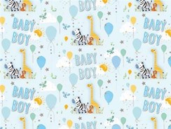 New Baby Boy Gift Wrapping Paper 1 Sheet & Matching Tag - Animals & Balloons