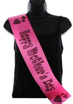 Hot Pink Happy Mother's Day Party Satin Ribbon Sash - Black Hearts
