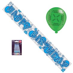 Happy Birthday Party Pack - Blue Silver Banner, Latex Balloons, Blue Candles