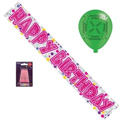 Happy Birthday Party Pack - Pink Silver Banner, Latex Balloons, Pink Candles