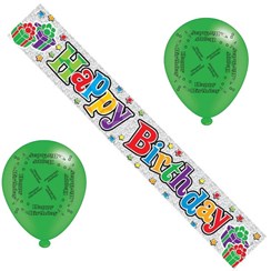 Happy Birthday Party Pack - Silver Birthday Banner, Multicoloured Balloons Happy Birthday Party Pack - Silver Birthday Banner, Multicoloured Balloons