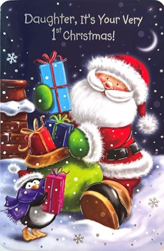 Daughter's 1st Christmas Card - Santa, Gifts & Chimney, with Foil 9x6"
