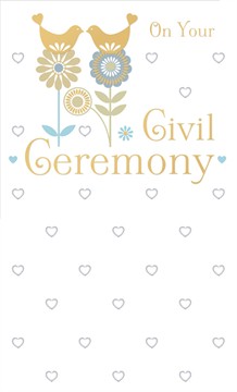 Gold Civil Ceremony Greetings Card - Gold Doves Sat On Blue Flowers 9" x 5.25"