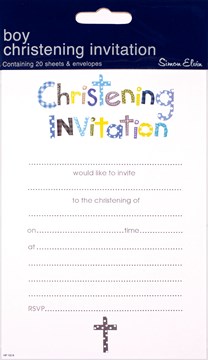 Pack Of 20 Christening Day Invites & Envelopes - Boy's Blue Text & Grey Cross