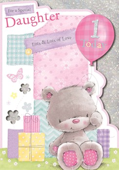 Vibrance Daughter Handcrafted 1st Birthday Card - Bear & 1 Balloon 9.5" x 6.75"