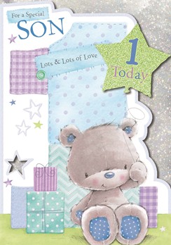 Vibrance Son Handcrafted 1st Birthday Card - Bear & 1 Today Balloon 9.5" x 6.75"