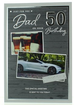 ICG Dad 50th Birthday Card - Grey Wood, Pints & Sports Car 9" x 6"