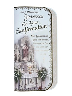 Grandson Confirmation Day Card - Church Alter Flowers & Gold Foil Cross 8.75x4"
