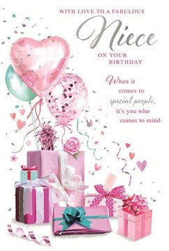 Niece Birthday Card - Pink Presents and Balloons with Silver Foil 9x6"