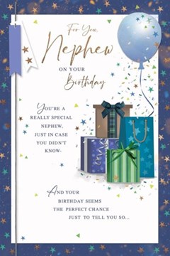 Nephew Birthday Card - Blue Green Presents Balloon and Stars Copper Foil 9x6"
